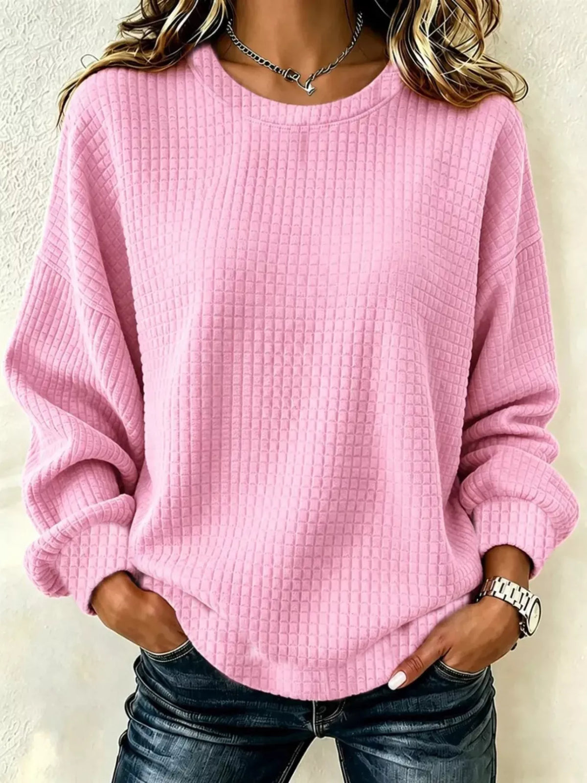 Sweat femme grande taille à col rond en maille gaufrée – vue 1