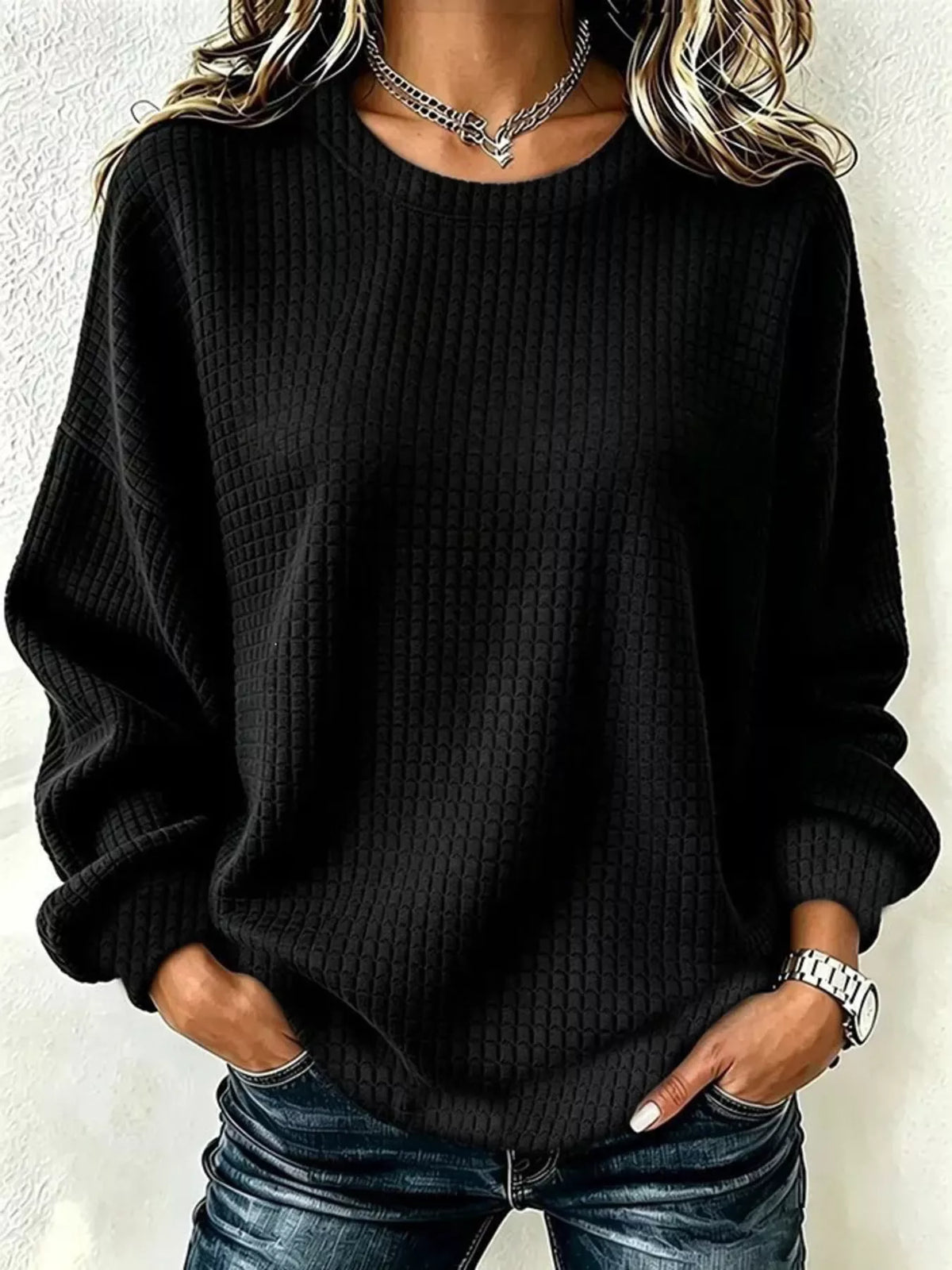 Sweat femme grande taille à col rond en maille gaufrée – vue 5