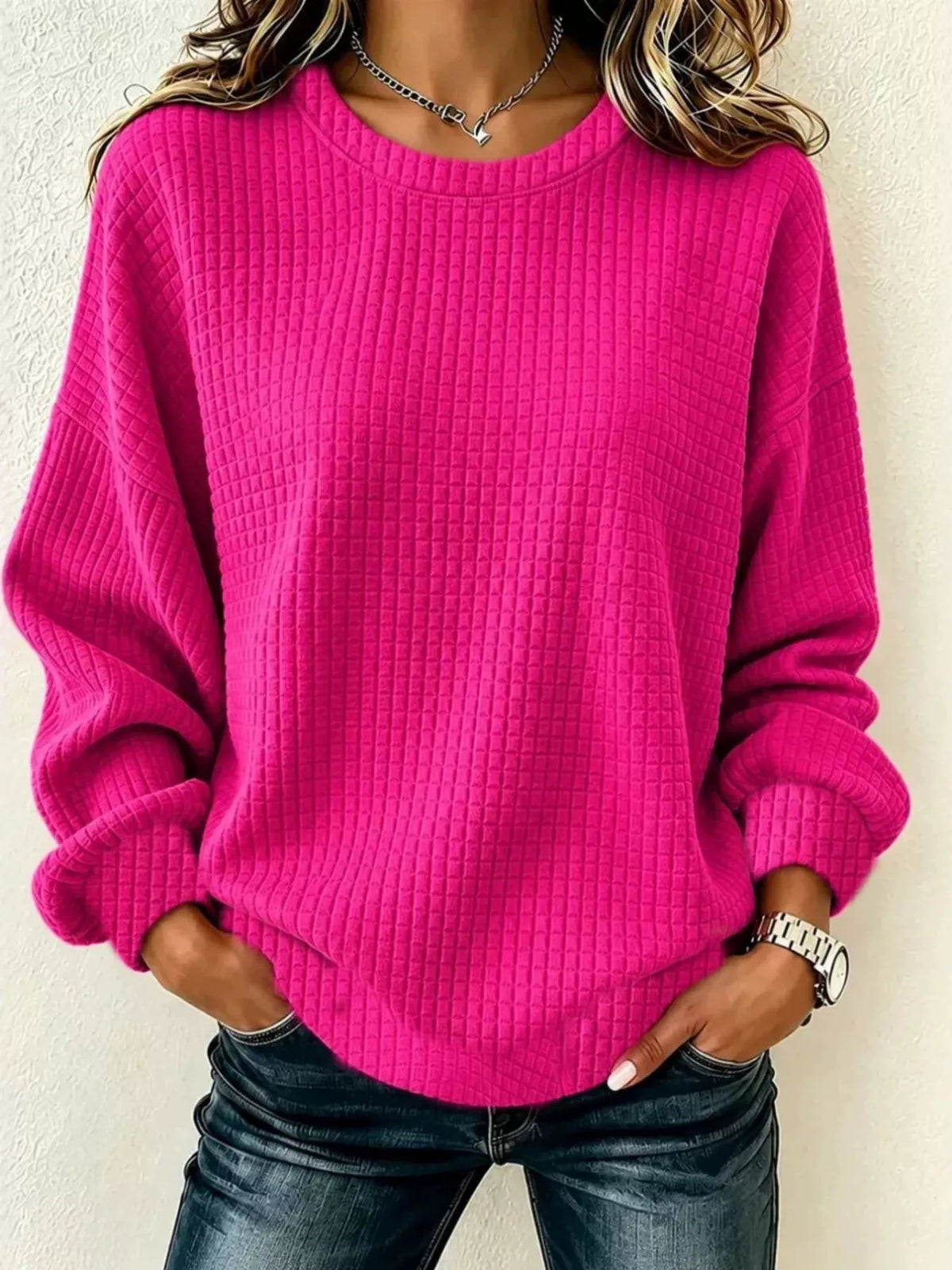 Sweat femme grande taille à col rond en maille gaufrée – vue 9