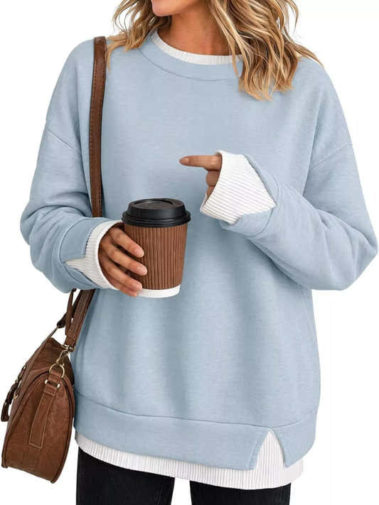 Sweat-shirt femme col rond à bords côtelés contrastés – vue 1