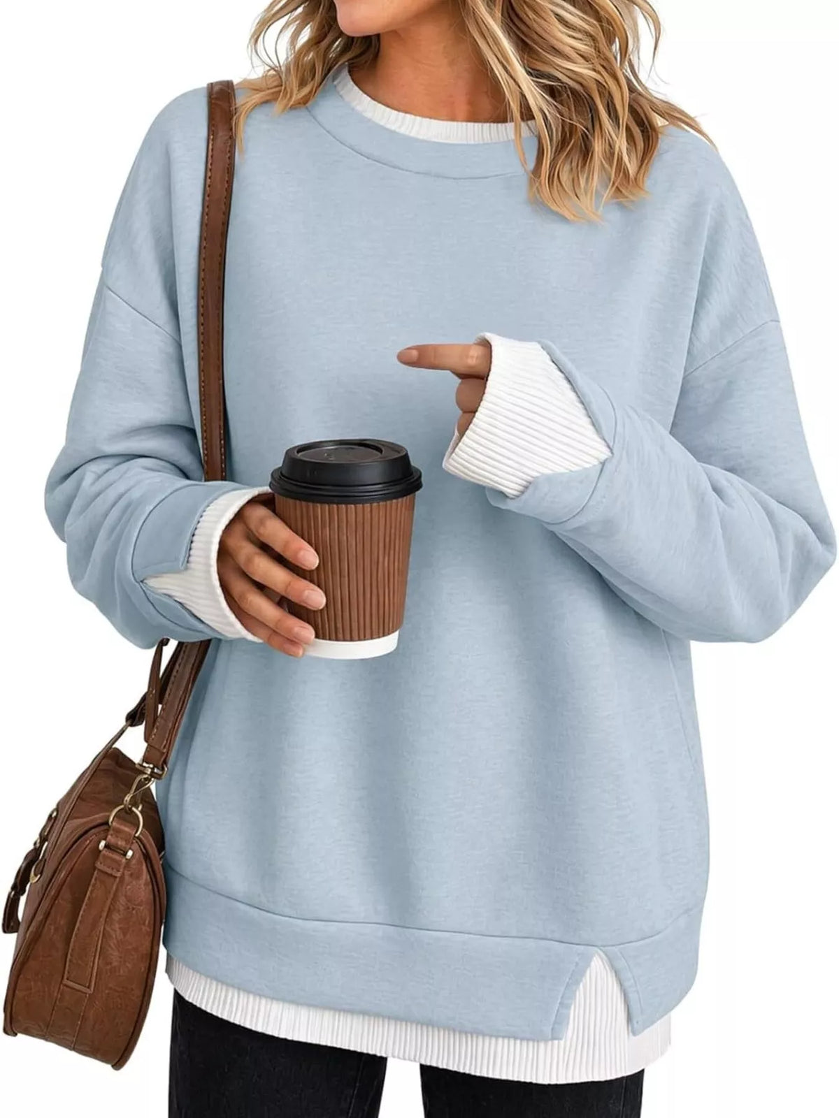 Sweat-shirt femme col rond à bords côtelés contrastés – vue 1
