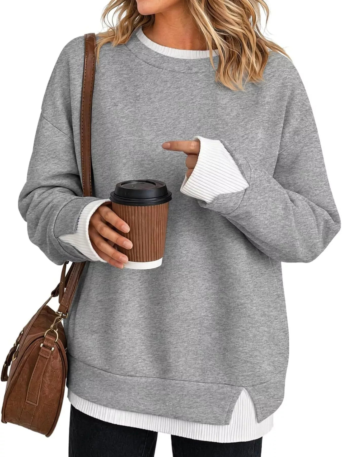 Sweat-shirt femme col rond à bords côtelés contrastés – vue 6