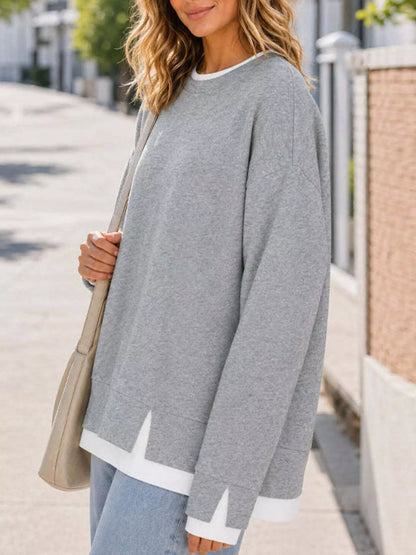 Sweat-shirt femme col rond à bords côtelés contrastés – vue 7