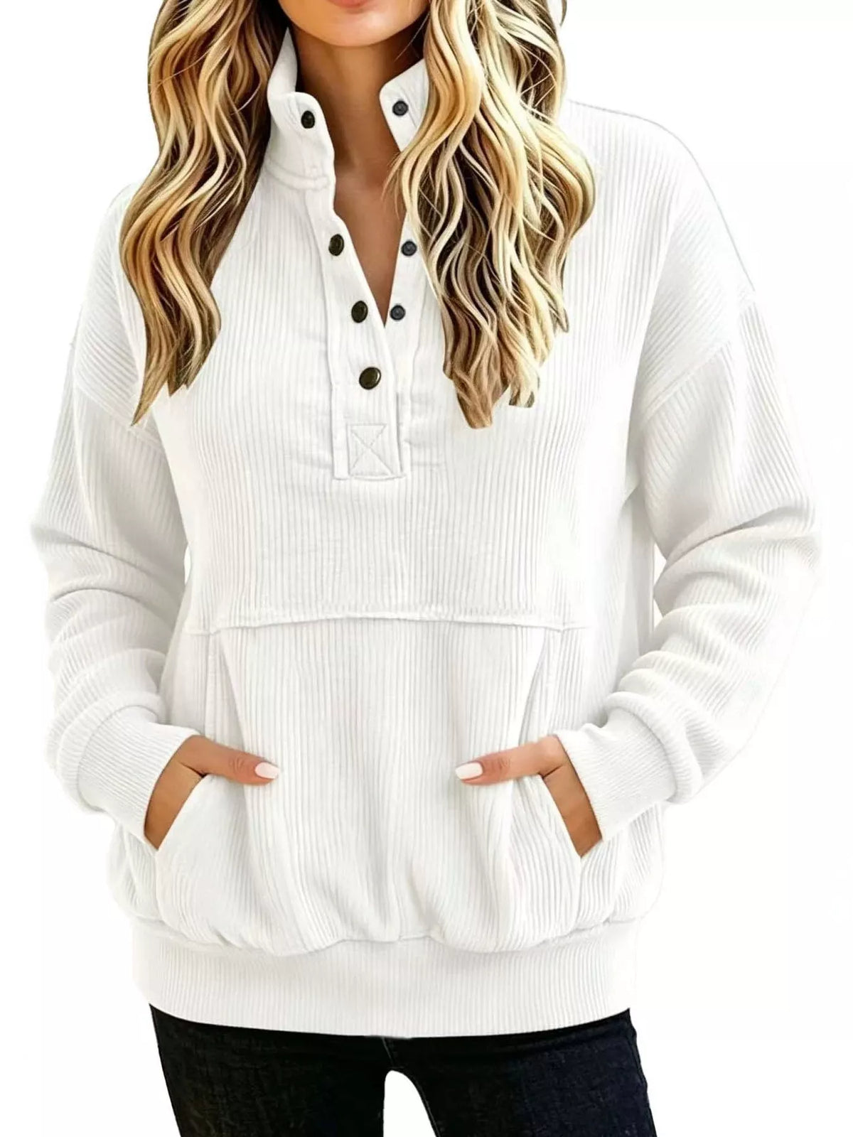 Sweat-shirt femme grande taille à boutons-pression et poche kangourou – vue 1