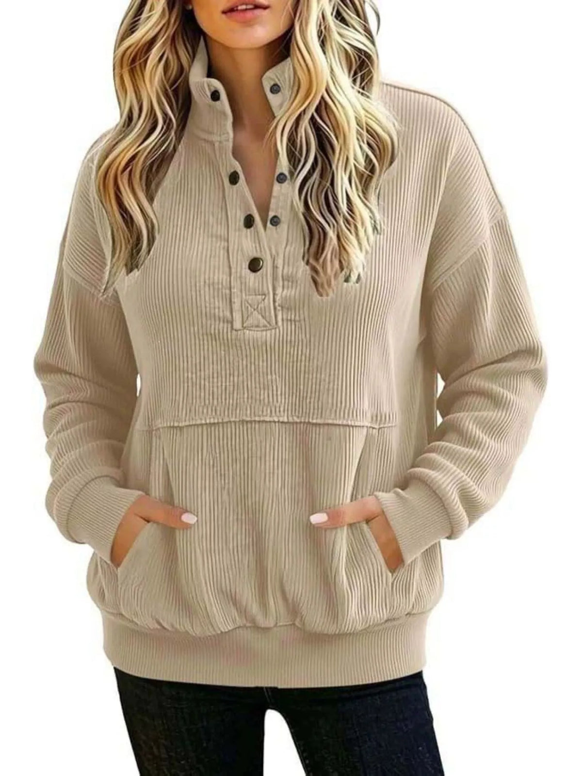 Sweat-shirt femme grande taille à boutons-pression et poche kangourou – vue 11