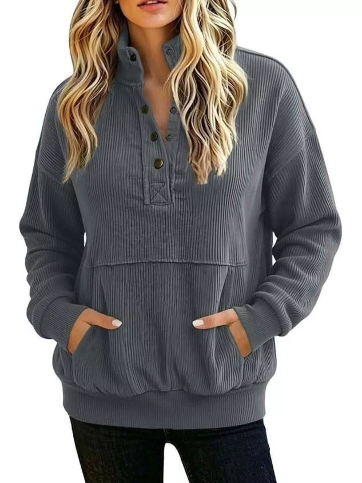 Sweat-shirt femme grande taille à boutons-pression et poche kangourou – vue 13