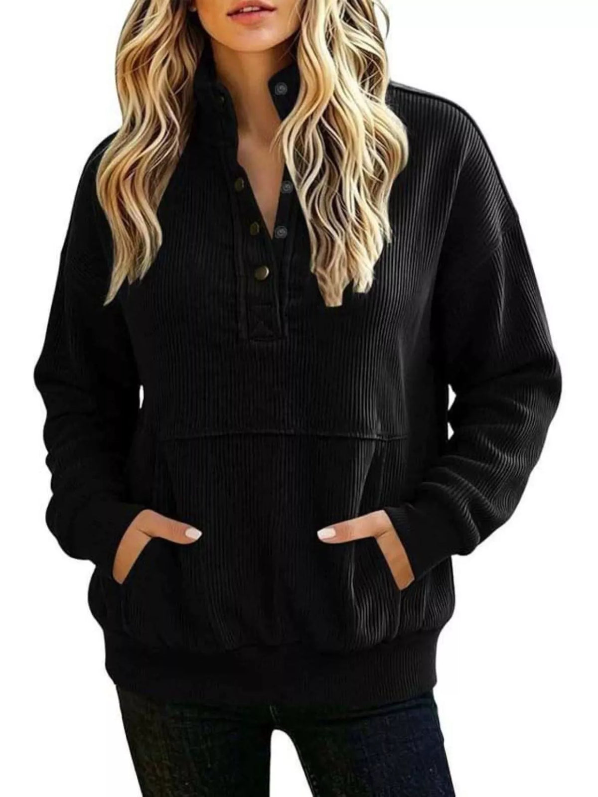 Sweat-shirt femme grande taille à boutons-pression et poche kangourou – vue 3