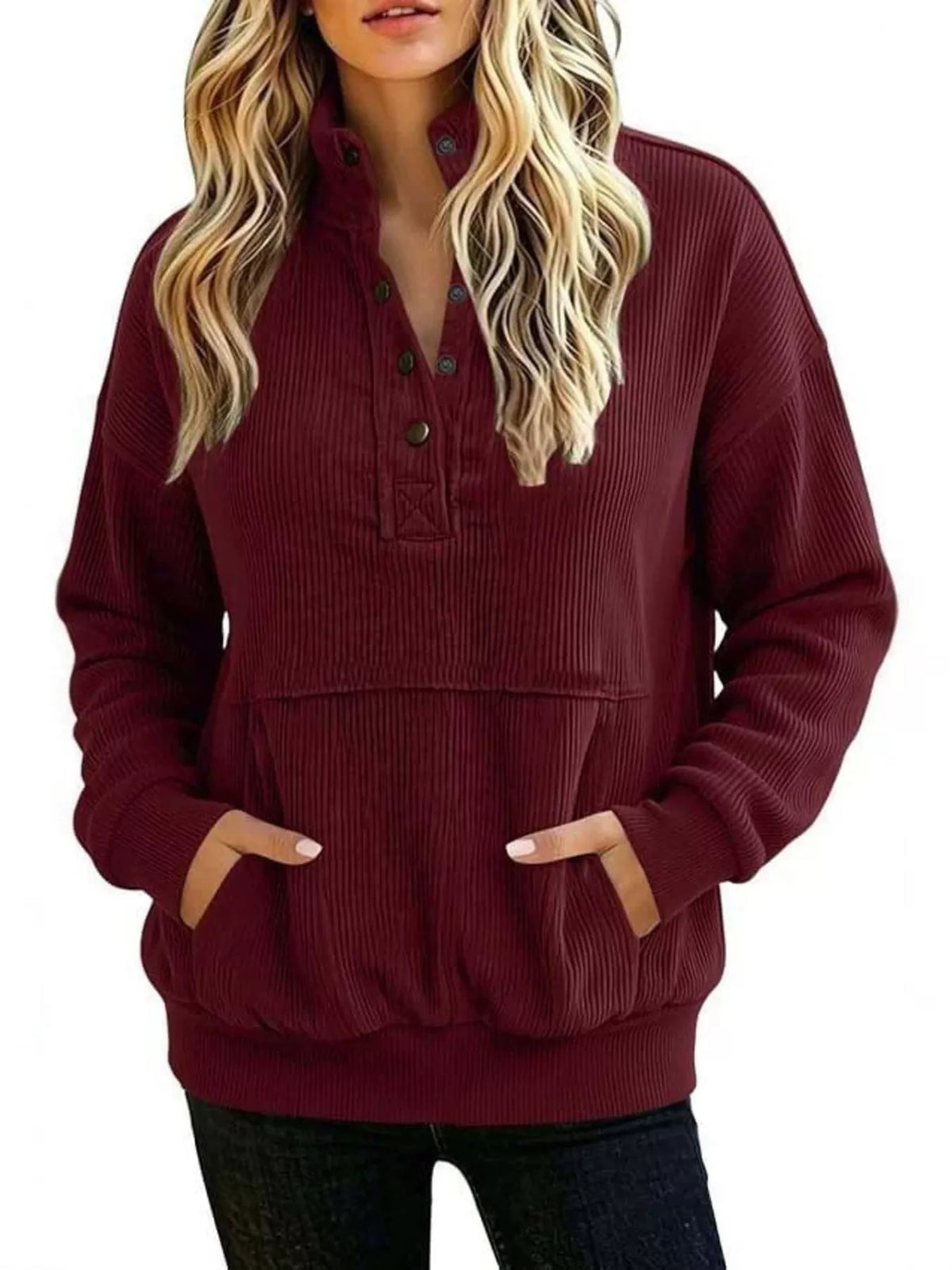 Sweat-shirt femme grande taille à boutons-pression et poche kangourou – vue 5