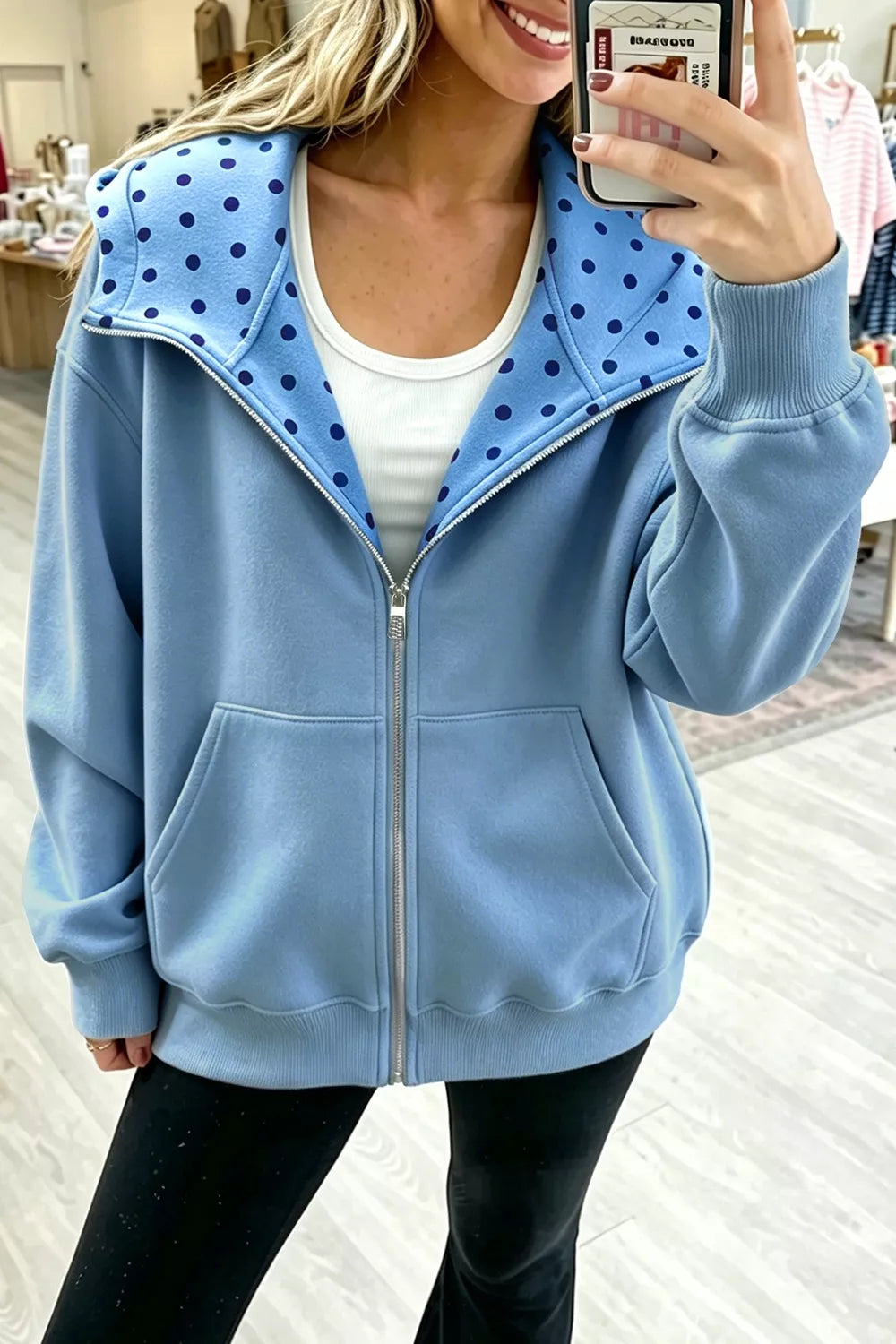 Sweat zippé femme à pois doublé ample bleu clair – vue 1