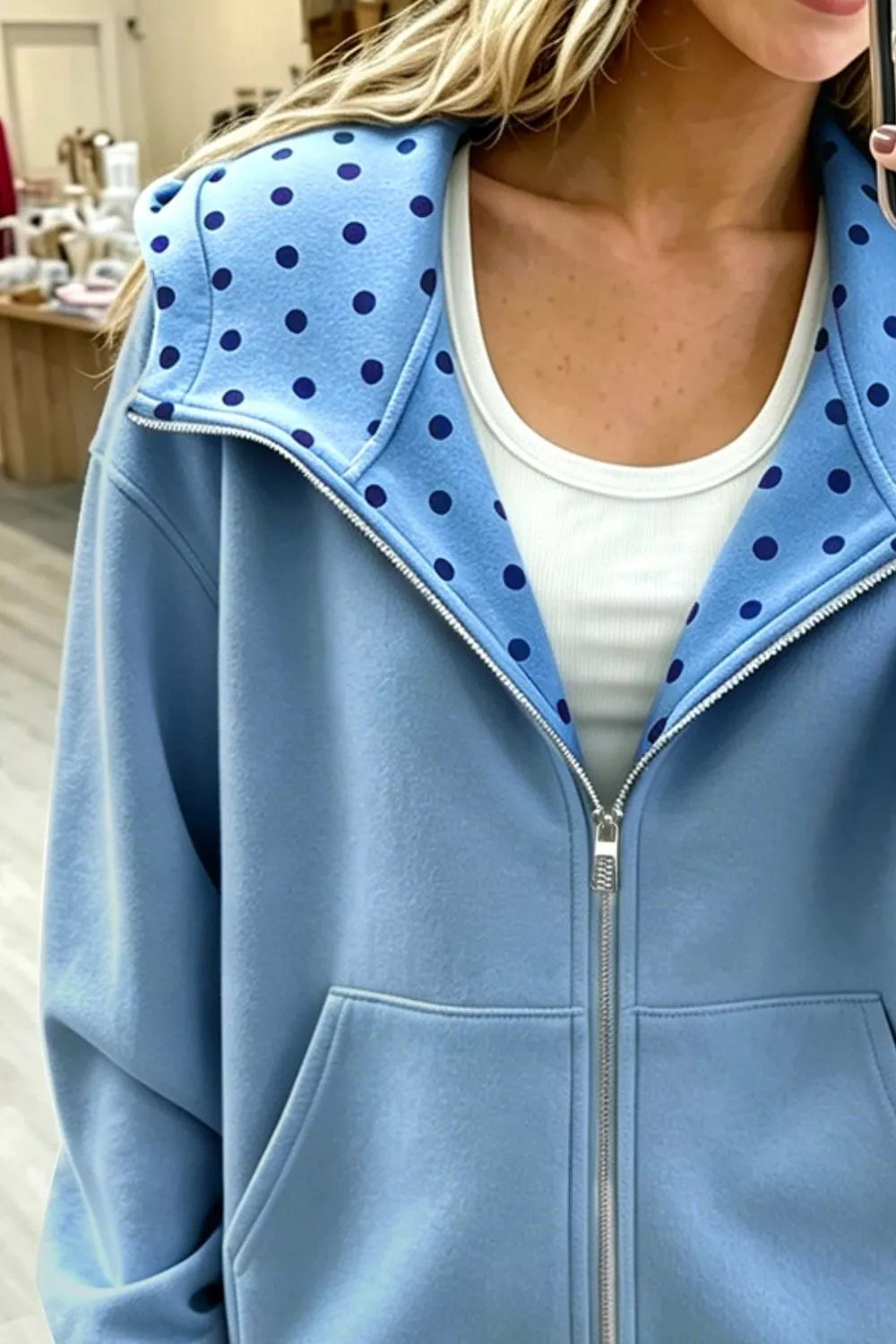 Sweat zippé femme à pois doublé ample bleu clair – vue 3
