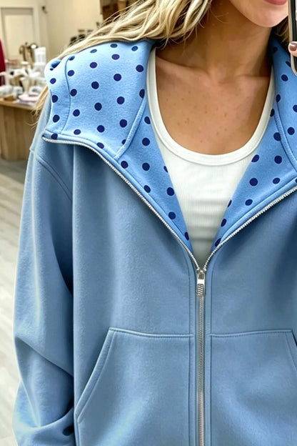 Sweat zippé femme à pois doublé ample bleu clair – vue 3
