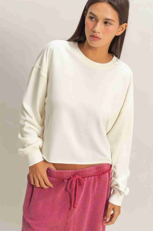 Sweatshirt Cropé Femme Mineral Wash - Coton Vintage Délavé Oléna-Fashion