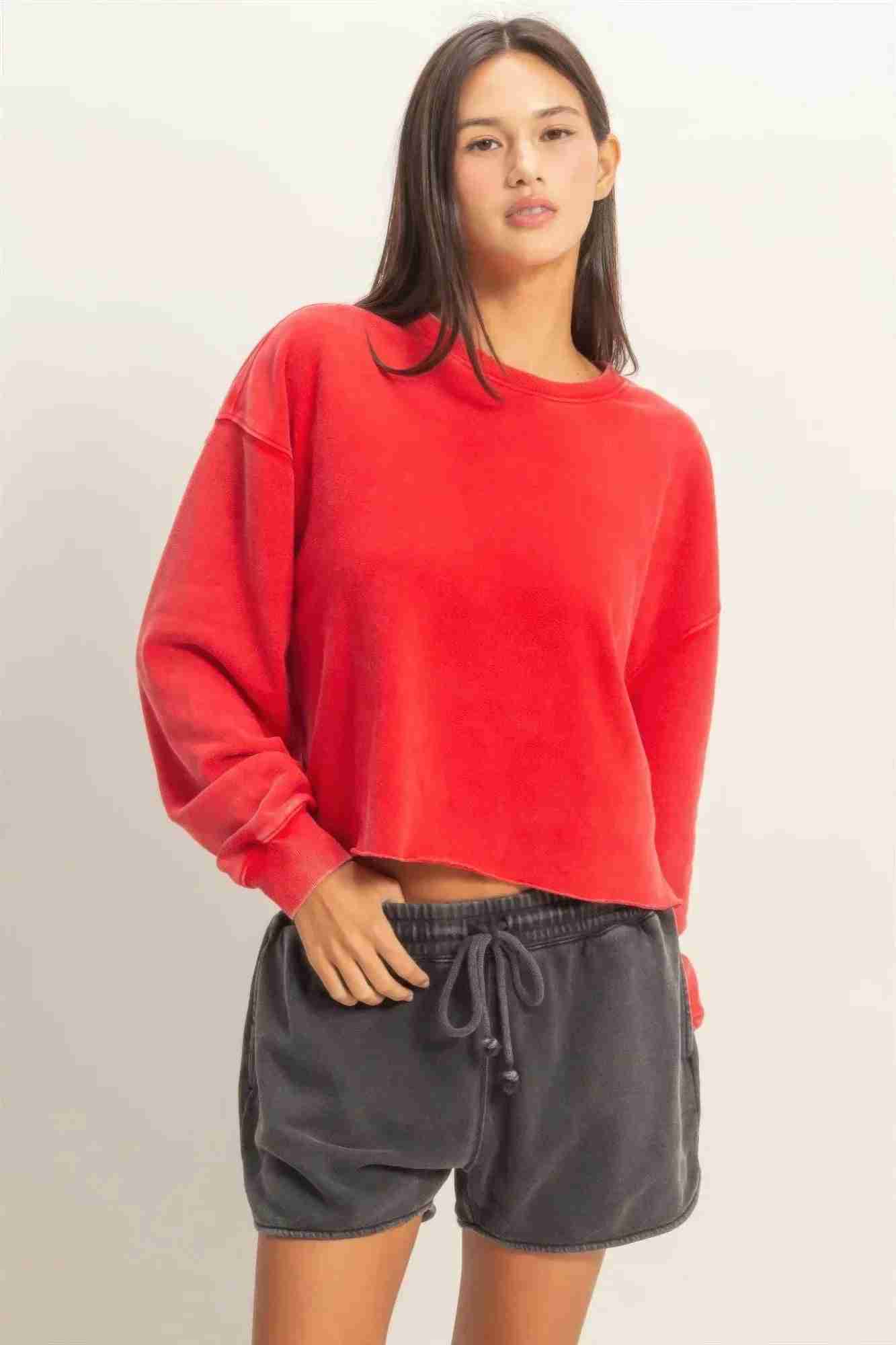 Sweatshirt Cropé Femme Mineral Wash - Coton Vintage Délavé by CCWHOLESALECLOTHING