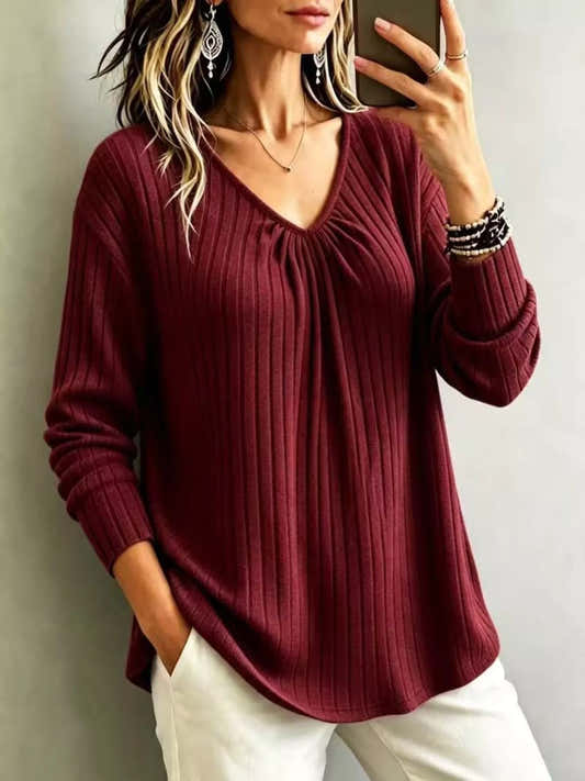 T-shirt côtelé à col V et manches longues pour femme – vue 1