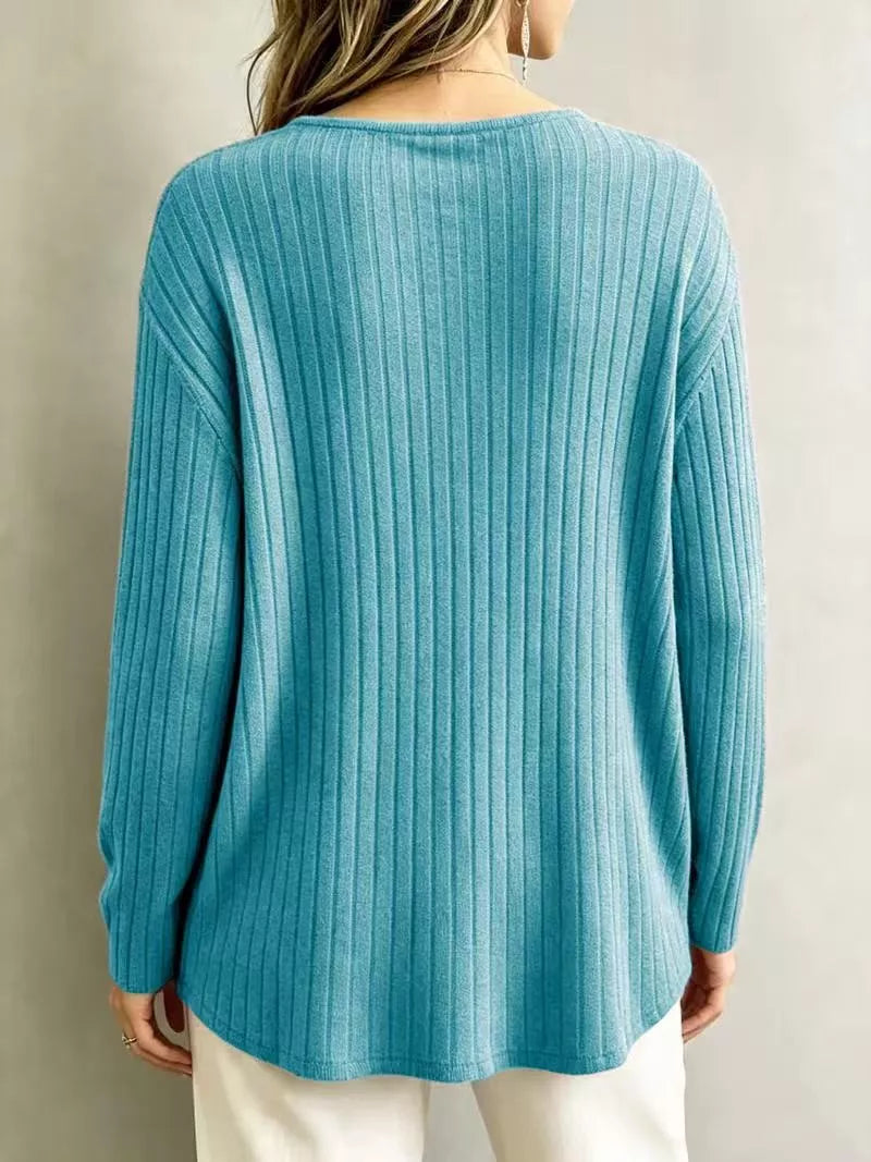 T-shirt côtelé à col V et manches longues pour femme – vue 12