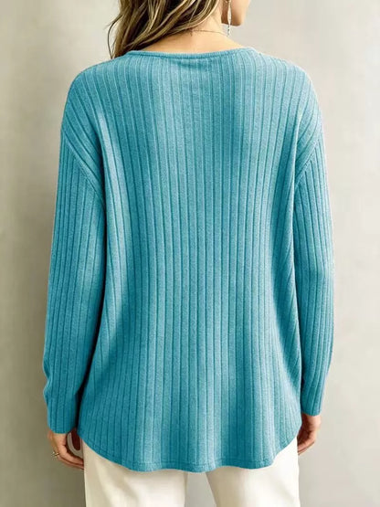 T-shirt côtelé à col V et manches longues pour femme – vue 12