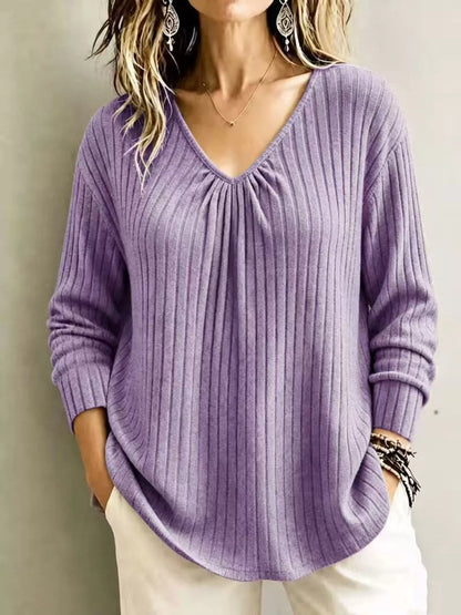 T-shirt côtelé à col V et manches longues pour femme – vue 13