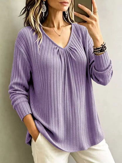 T-shirt côtelé à col V et manches longues pour femme – vue 14