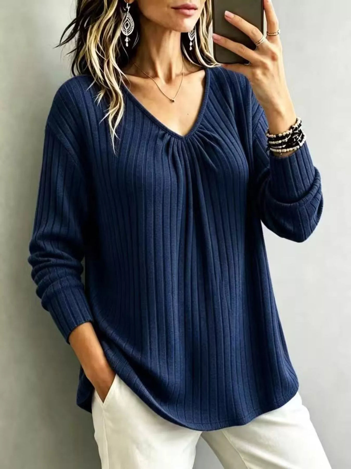 T-shirt côtelé à col V et manches longues pour femme – vue 18