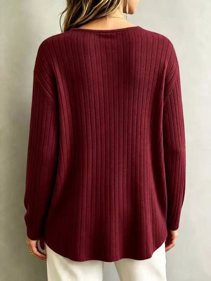 T-shirt côtelé à col V et manches longues pour femme – vue 3