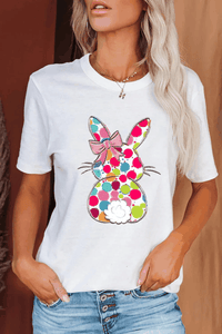 T-shirt femme blanc à col rond avec motif lapin de Pâques coloré imprimé