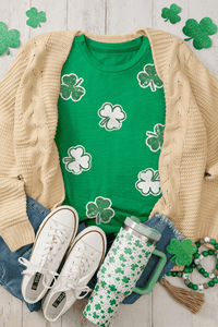 T-shirt femme vert vif à motifs de trèfles blancs, col rond, manches courtes, face