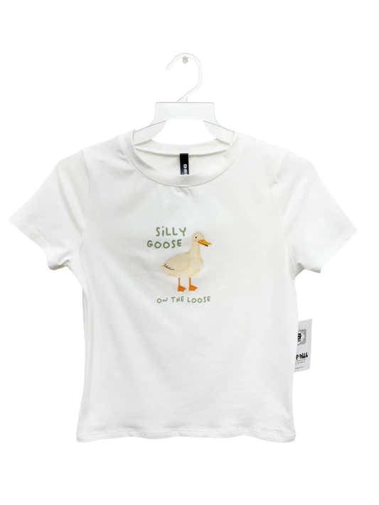 T-shirt graphique femme blanc, col rond, manches courtes, imprimé oie et texte