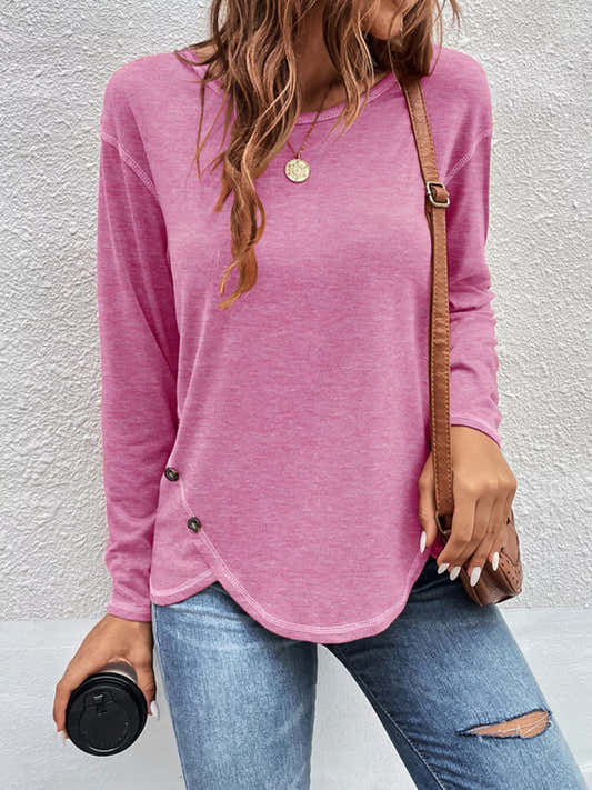 T-shirt manches longues à coutures apparentes et boutons décoratifs pour femme – vue 1
