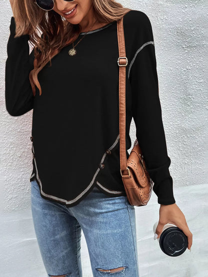 T-shirt manches longues à coutures apparentes et boutons décoratifs pour femme – vue 4
