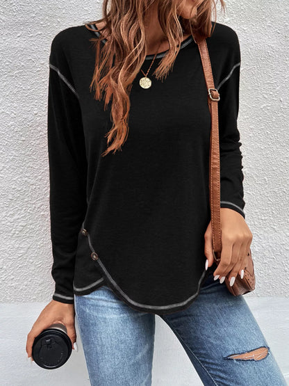 T-shirt manches longues à coutures apparentes et boutons décoratifs pour femme – vue 6