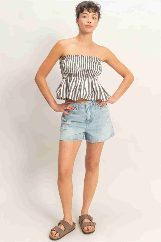 Top Bandeau Sans Bretelles Smocké Rayures Femme – Léger & Chic Oléna-Fashion