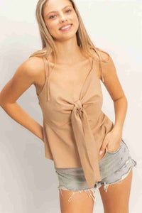 Top femme à bretelles fines nouées devant, tissu tissé léger couleur taupe/beige