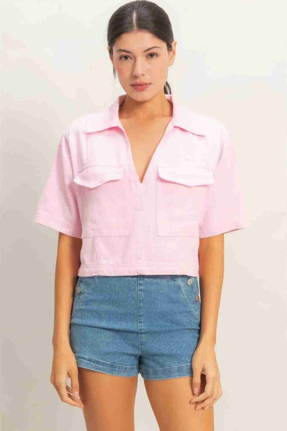 Top Femme Col Chemise Col V Cropé - Coton Poches by CCWHOLESALECLOTHING