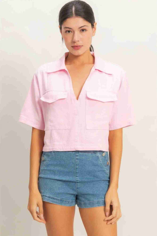 Top Femme Col Chemise Col V Cropé - Coton Poches Oléna-Fashion