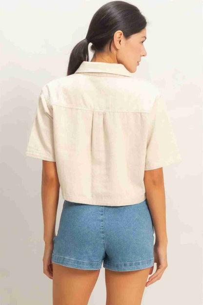 Top Femme Col Chemise Col V Cropé - Coton Poches by CCWHOLESALECLOTHING