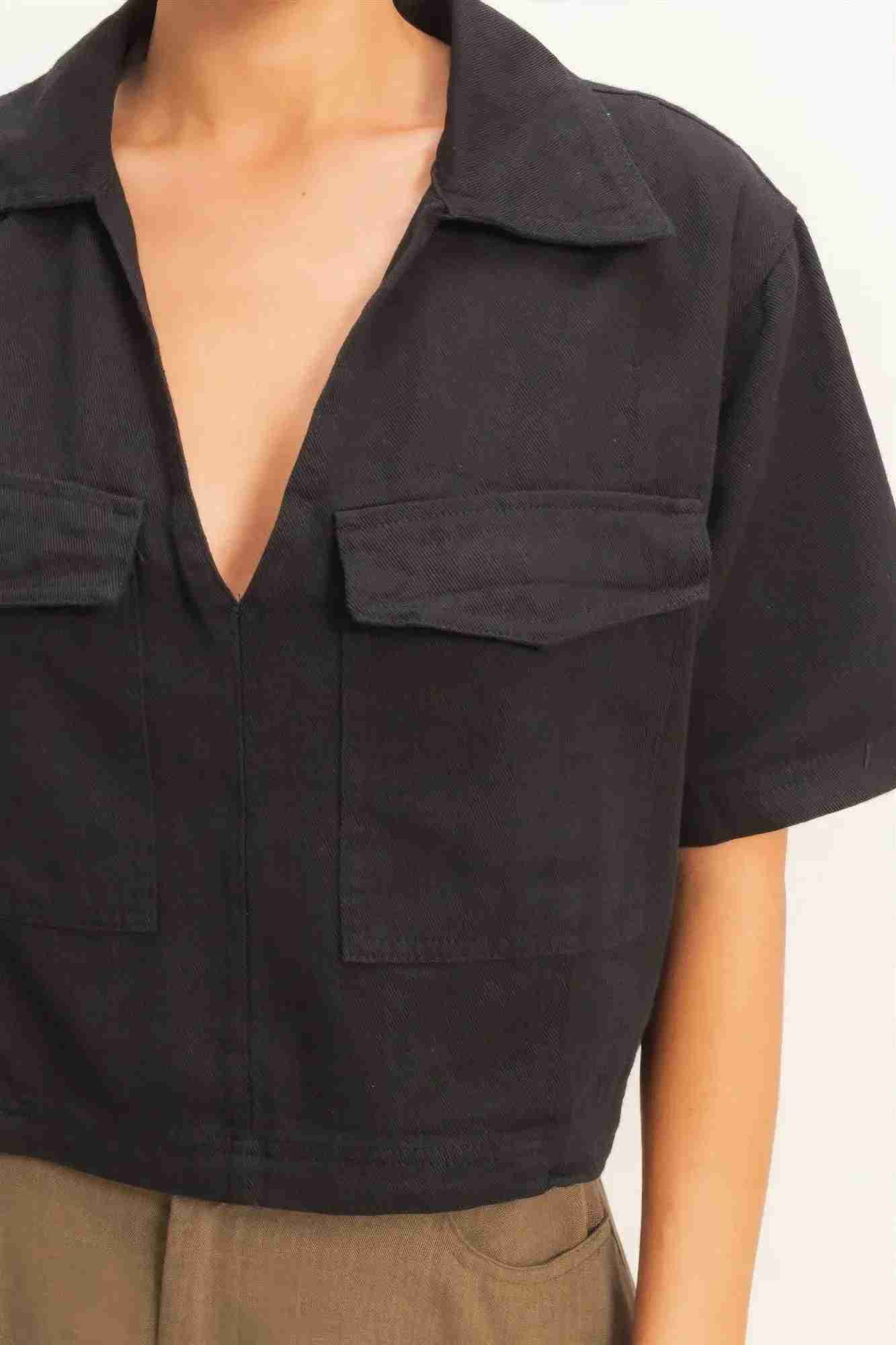 Top Femme Col Chemise Col V Cropé - Coton Poches by CCWHOLESALECLOTHING