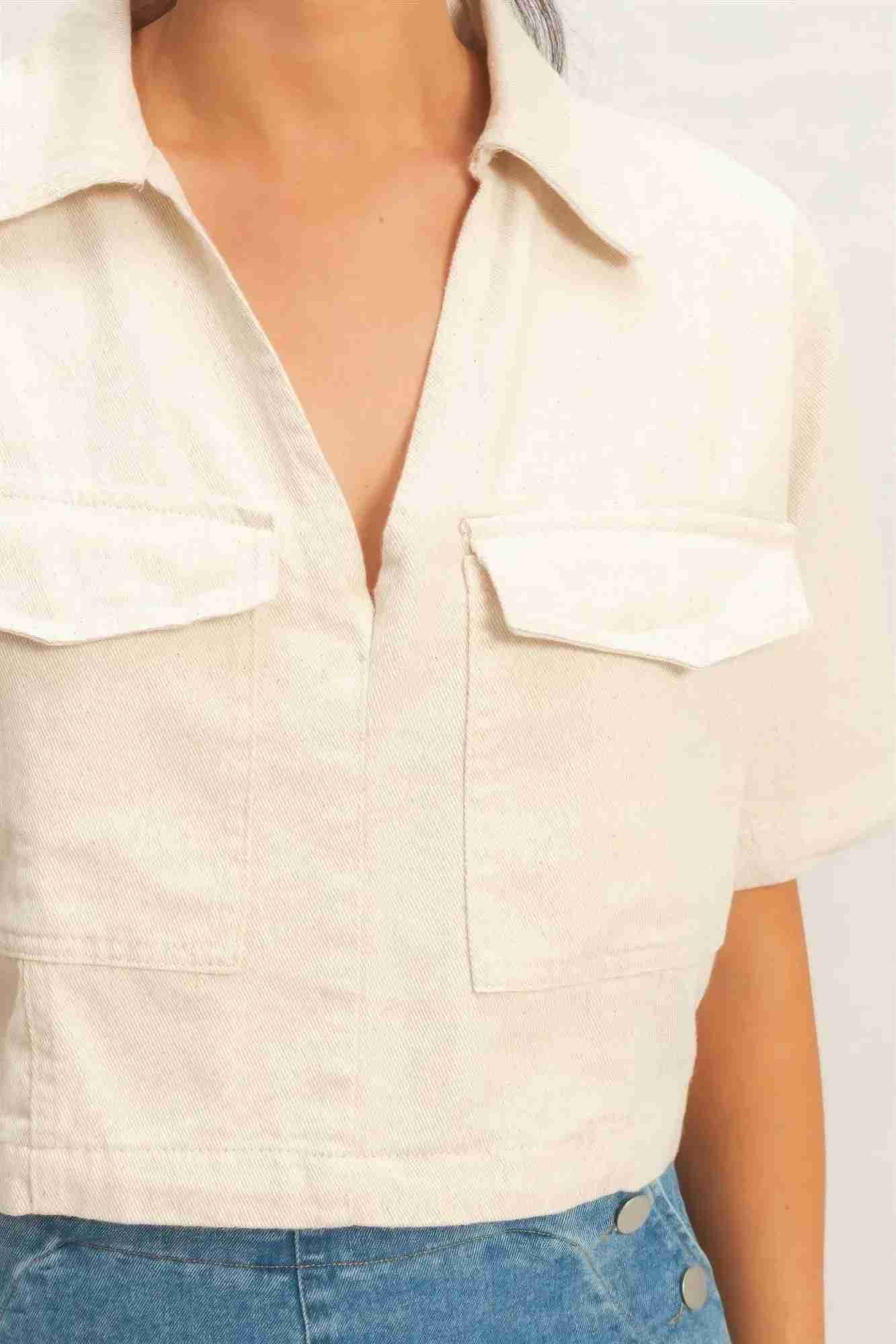 Top Femme Col Chemise Col V Cropé - Coton Poches by CCWHOLESALECLOTHING