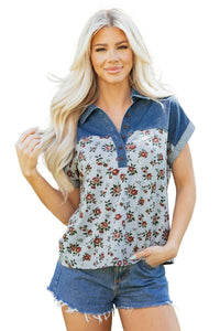 Haut femme patchwork denim bleu, col en jean et empiècement floral rouge.