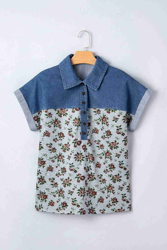 Haut femme en denim bleu à empiècement floral rouge et col boutonné