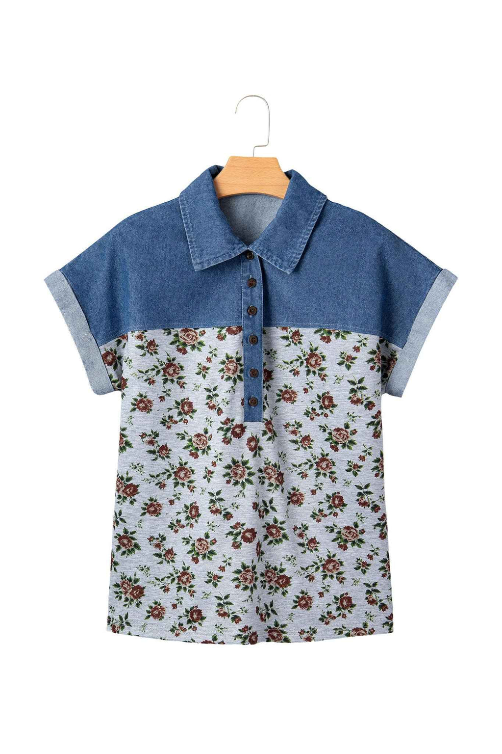 Haut femme patchwork denim bleu avec empiècement floral et boutons.