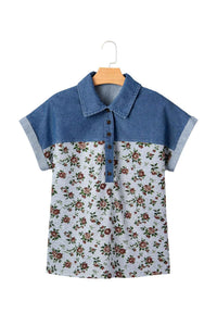Haut femme patchwork denim bleu avec empiècement floral et boutons.