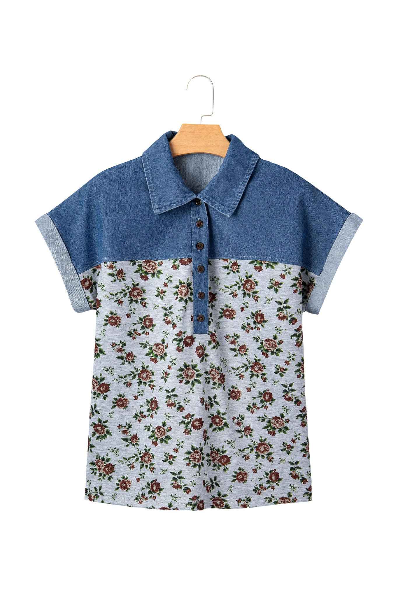 Haut femme patchwork denim bleu avec empiècement floral et boutons.