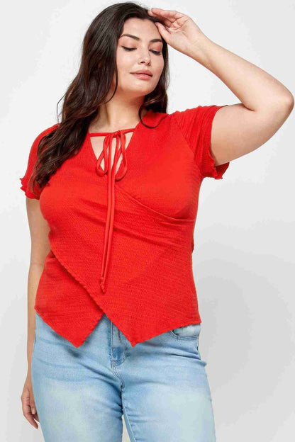 Top Grandes Tailles Texturé Cache-Cœur Col Noué Manches Volantées Oléna-Fashion
