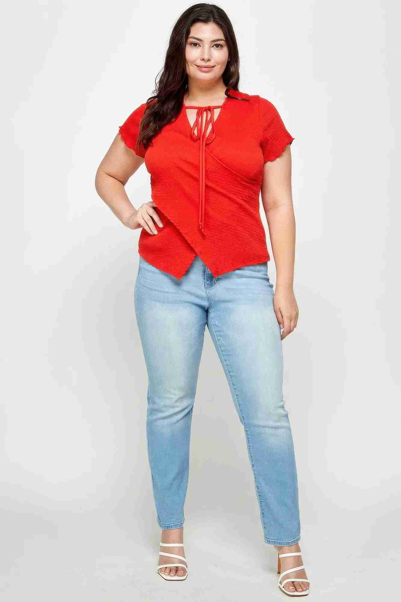 Top Grandes Tailles Texturé Cache-Cœur Col Noué Manches Volantées Oléna-Fashion