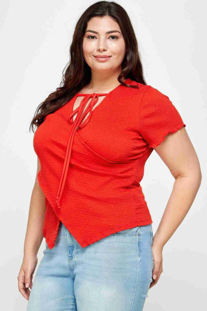 Top Grandes Tailles Texturé Cache-Cœur Col Noué Manches Volantées Oléna-Fashion