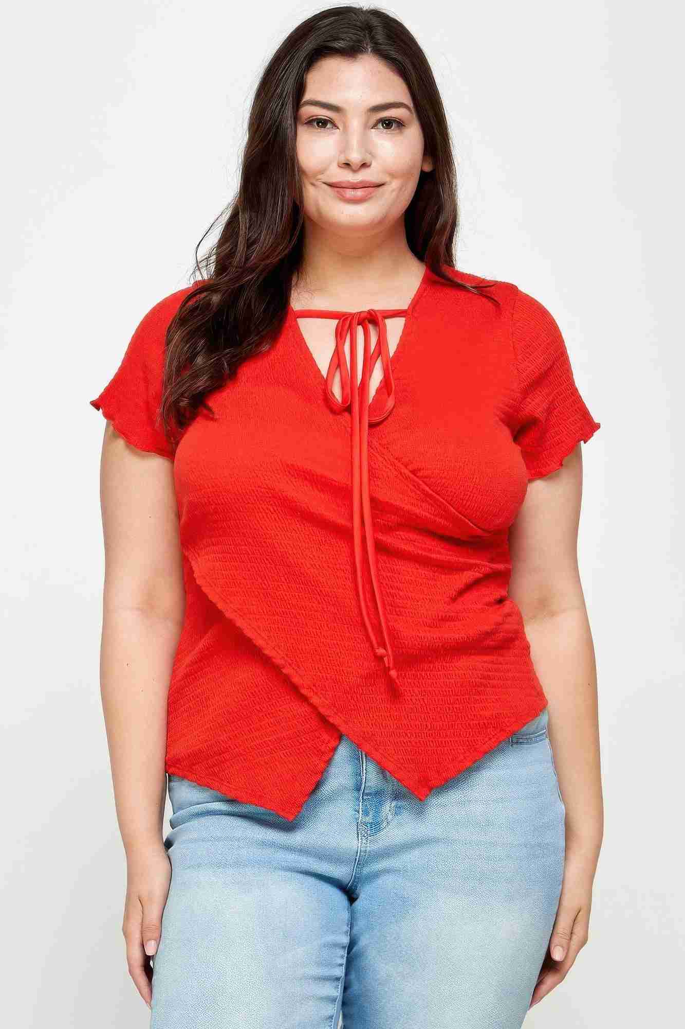 Top Grandes Tailles Texturé Cache-Cœur Col Noué Manches Volantées Oléna-Fashion