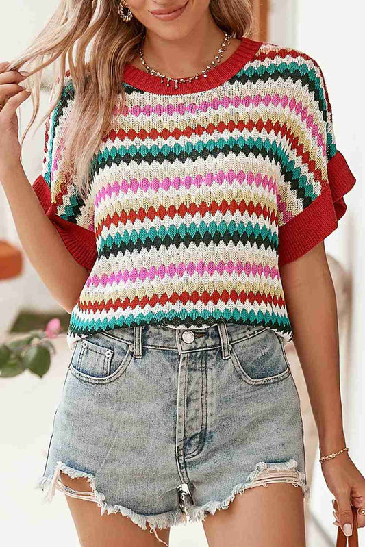 Top Maille Rouge Vif Imprimé Rayures Losanges Manches Volants Femme Oléna-Fashion