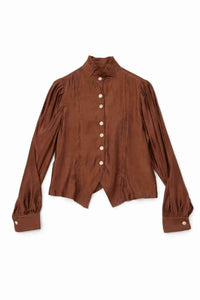 Haut en satin marron à col montant et boutons, manches longues bouffantes