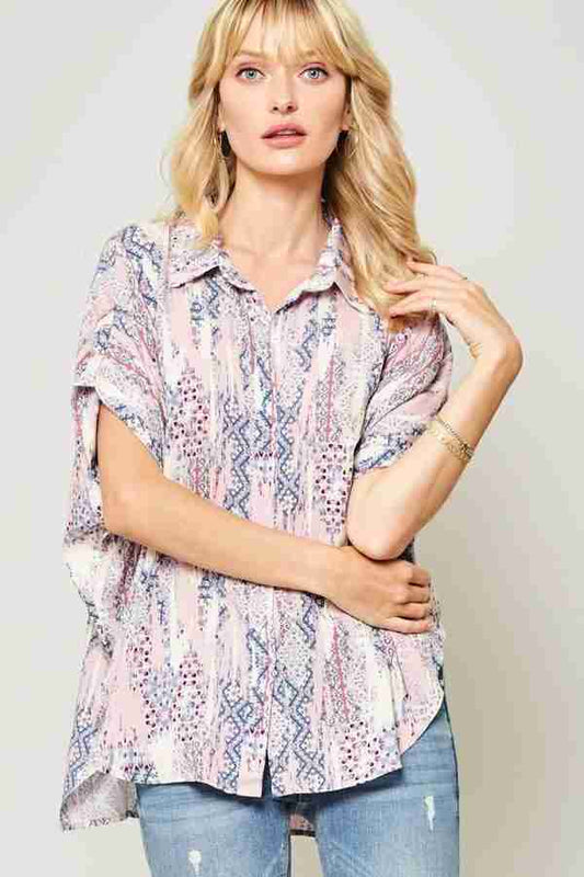 Top Tissé Imprimé Ornementé Manches Dolman Col Boutonné - Rose Blush Oléna-Fashion