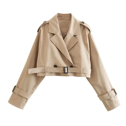 Trench court ceinturé beige à double boutonnage pour femme, style vintage – vue 15